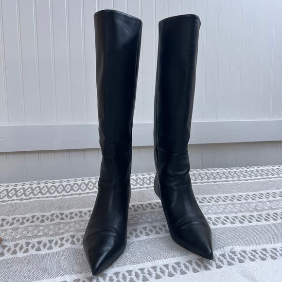 Veronica Beard Women's 7 Black Leather Knee High Pointed Toe Kitten Heel Boots - Picture 1 of 14